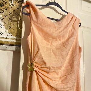 ZARA:ASYMMETRIC LINEN-BLEND MIDI DRESS WITH APPLIQUÉ